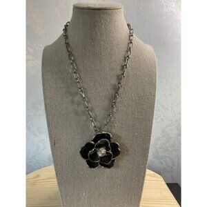 Bijoux Terner Silver Chain Necklace Black Flower Pendant Center Rhinestone Accen